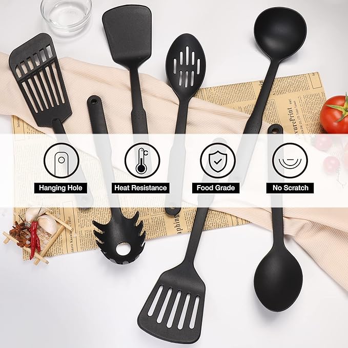 TJ POP Kitchen Utensils Set, 7PCS Cooking Utensils Set 410F째 Heat Resistant & Non-stick Food Nylon Kitchen Gadgets Accessories For Cookware, BPA Free Kitchen Tools Gift (Black)