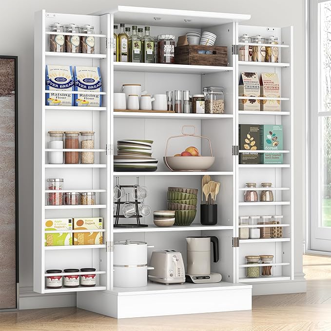 47??Pantry Cabinet, Kitchen Pantry Storage Cabinet with Doors and Adjustable Shelves,Freestanding Buffet Cupboards Sideboard for Living Room and Dinning Room (White)