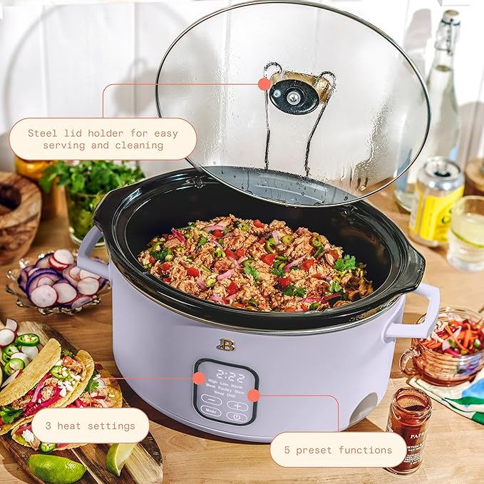 Beautiful 6 Quart Programmable Slow Cooker, 5 Cooking Presets, Digital Countdown Timer, Dishwasher Safe Parts by Drew Barrymore (Lavender)