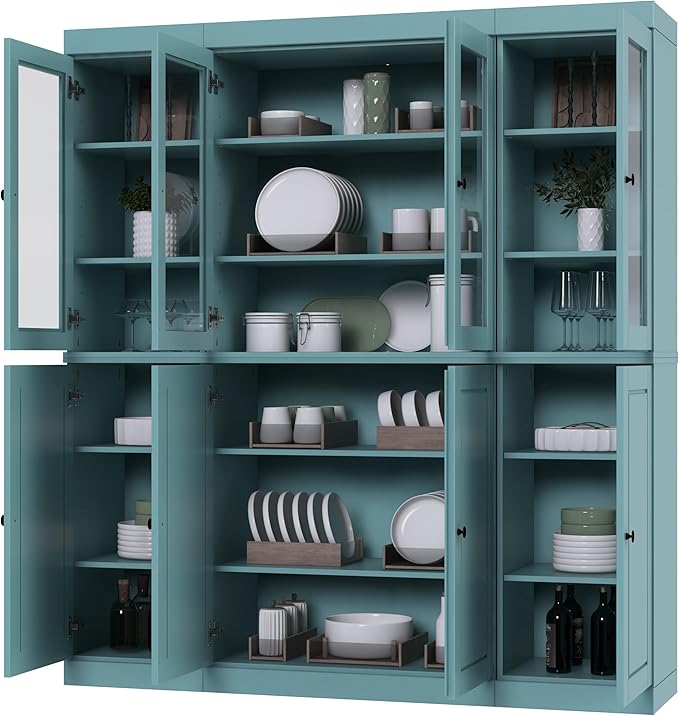 Palace Imports 100% Solid Wood Kitchen Pantry Hutch, Aqua, 65" w x 71.5" h x 15.5" d, Renewable Eco-Friendly Wood, Made in Brazil