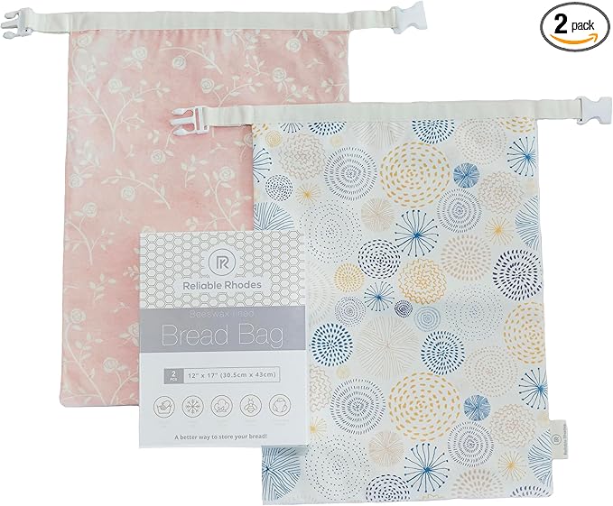 Reusable Beeswax Bread Bag 2 Pack ??2x17 Bread Bag for Homemade Sourdough, Beeswax Coated Organic Cotton Storage Bag for Loaf Baguette, Freezer Safe, Eco-Friendly Wrap Spiral Blossoms