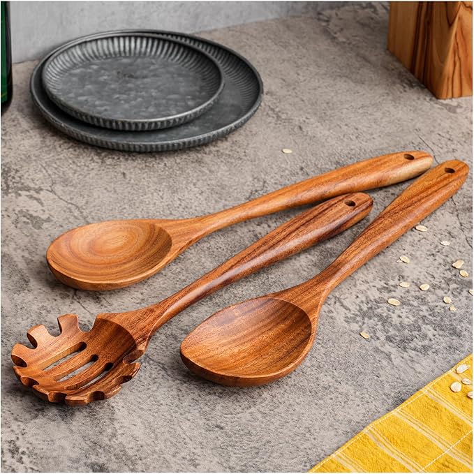 Gudamaye 13 inch Long Wooden Spoons for Cooking, 9 PCS Natural Teak Wooden Kitchen Utensil Set with Utensils Holder Made of Australia Camphor Laurel Wood竊똚ooden Utensils for Cooking