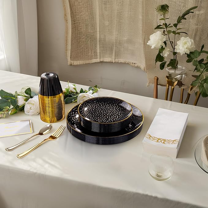 Rubtlamp 60Pcs Black Plastic Plates, Black Disposable Plates With Gold Rim, Clear Heavy-duty Party Plates, Hammered Plastic plates Include 30 Dessert Platos, 30 Dinner Platos for Party, New Year