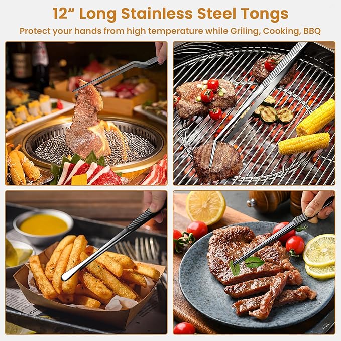 GEEKHOM Heavy Duty 12-Inch Metal BBQ Tongs: 4-Piece Commercial Grade Stainless Steel for Grilling & Turning (Black)