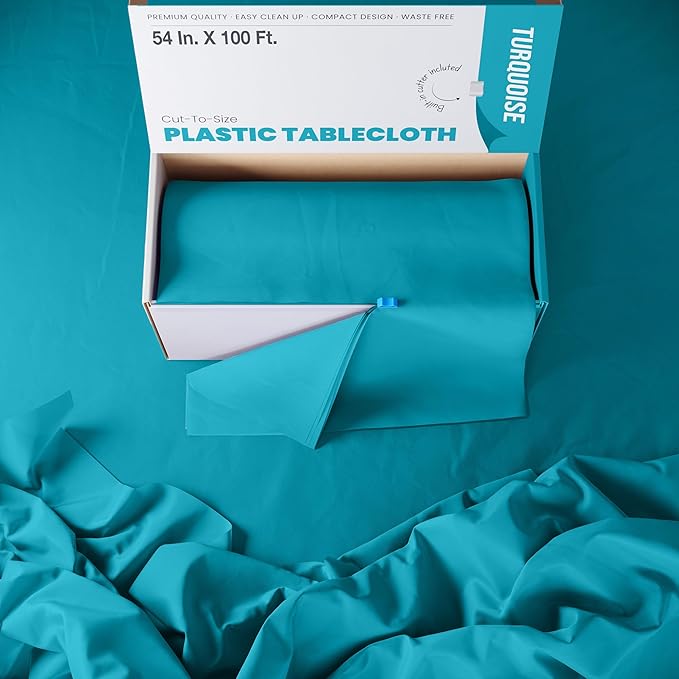 Party Solids 54 Inch X 100 Feet Turquoise Plastic Table Cover Roll in A Cut - to - Size Box with Convenient Slide Cutter. Cuts Up to 12 Rectangle 8 Feet Plastic Disposable Tablecloths