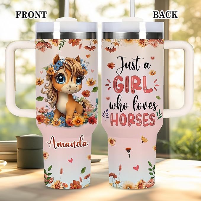AGGLOMEKC Personalized Cute Horse Cup - Mother's Day Birthday Gift For Animal Lovers - Just A Girl Who Loves Horse Tumbler 40oz With Custom Name - Pet Lover Gifts For Women, Her