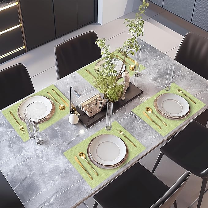 Set of 8 Green Placemats - Durable, Heat Resistant, Non-Slip, Washable PVC Vinyl Woven Table Mats for Dining Table - 12 x 17 Inch