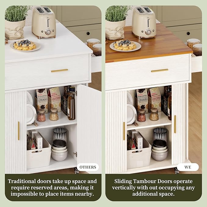 DHH Rolling Kitchen Island with Drop Leaf Countertop&Ample Storage - 39.4" Small Mobile Kitchen Cart On Wheels with Sliding Door,Drawers,Spice Rack & 2-Tier Storage (White)