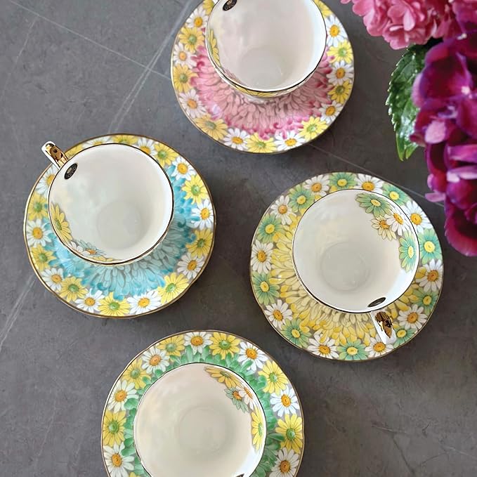Aynsley Daisy Corset Fine Bone China Teacup & Saucer Set - 5oz (150ml), Hand-Painted Gold Trim, Christmas Gift for Tea Lovers, Elegant Afternoon Tea Set(Blue)