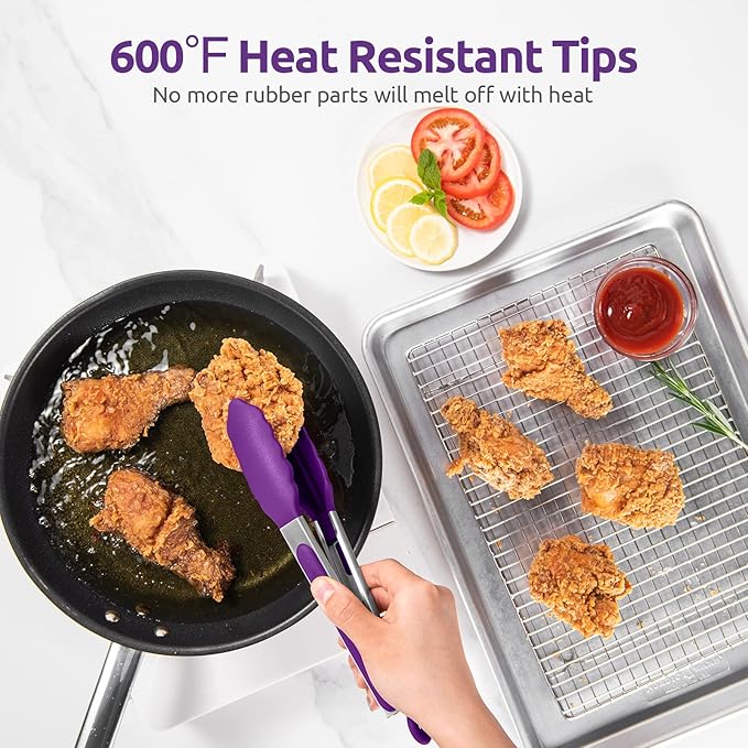 600쨘F Heat Resistant Kitchen Tongs: U-Taste 9 inch Silicone Cooking Tong with Firm Sealed Non Stick Rubber Tips & Silicon Coated 18/8 Stainless Steel Handle & Smooth Locking for Serving Grill (Purple)