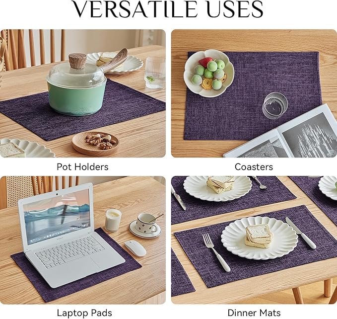 Softalker Faux Linen Placemats Set of 12-12 x 18 Inch, Heat Resistant Double Layered Durable Burlap Farmhouse Place Mats, Non-Slip Washable Rustic Table Mats for Dining, Kitchen, Party竊늁urple