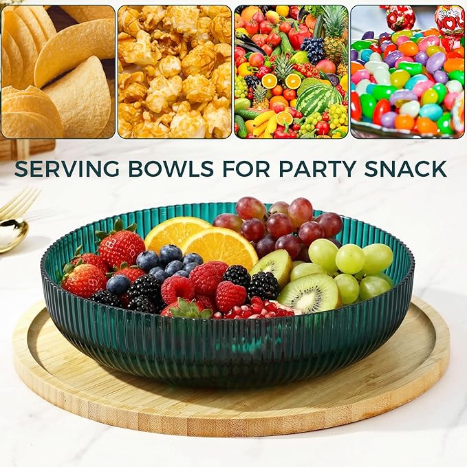 10 Pack 10 Inch Large Plastic Serving Bowls Salad Mixing Bowl Vertical Ribbed Pattern Buffet Party Serving Bowls for Vegetable Fruit Salad Candy Chip Popcorn Snack(Peacock Blue)