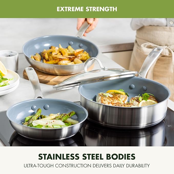 GreenPan Treviso 10 Piece Cookware Set, Non-Toxic PFAS-Free Stainless Steel Ceramic Nonstick Coating, Induction Suitable, Pots, Pans Lids, Saut챕 & Saucepans, Multi Clad, Dishwasher & Oven Safe