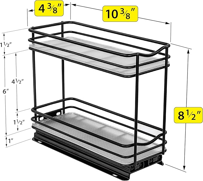 LYNK PROFESSIONAL짰 Pull Out Spice Rack Organizer for Inside Kitchen Cabinets - 4-3/8 inch Wide - Slide Out Drawer ??Black Sliding Spice Cabinet Organization Shelf Racks - 2 Tier