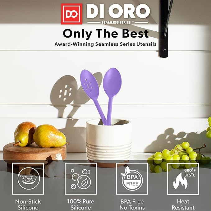 DI ORO Silicone Spoons for Cooking - Large Kitchen Spoons for Mixing, Serving & Stirring - 600째F Heat-Resistant Non Stick Utensils ??Big Solid & Slotted Basting Spoon - Dishwasher Safe (2pc, Lavender)