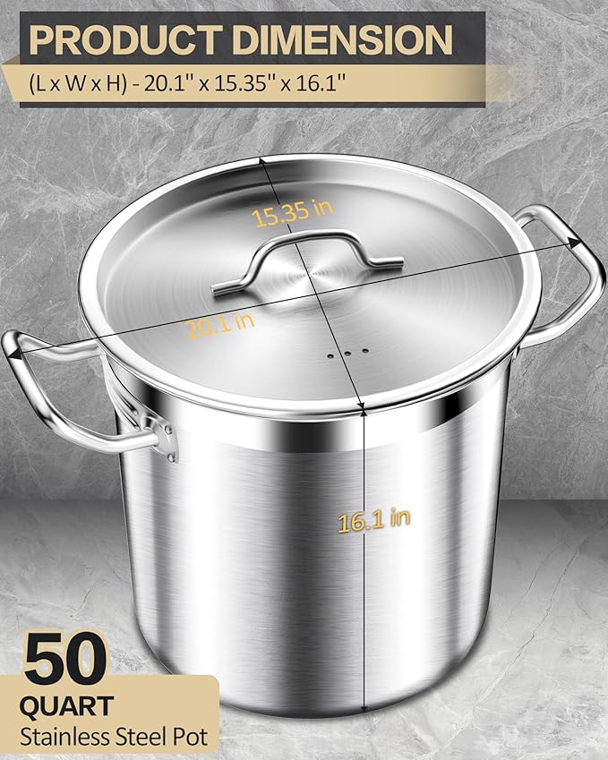 50 Quart Stainless Steel Stock Pot with Lid ??Heavy Duty Cooking Pot for Soup, Commercial Soup Pots, 3-Ply Induction Bottom, Oven Safe