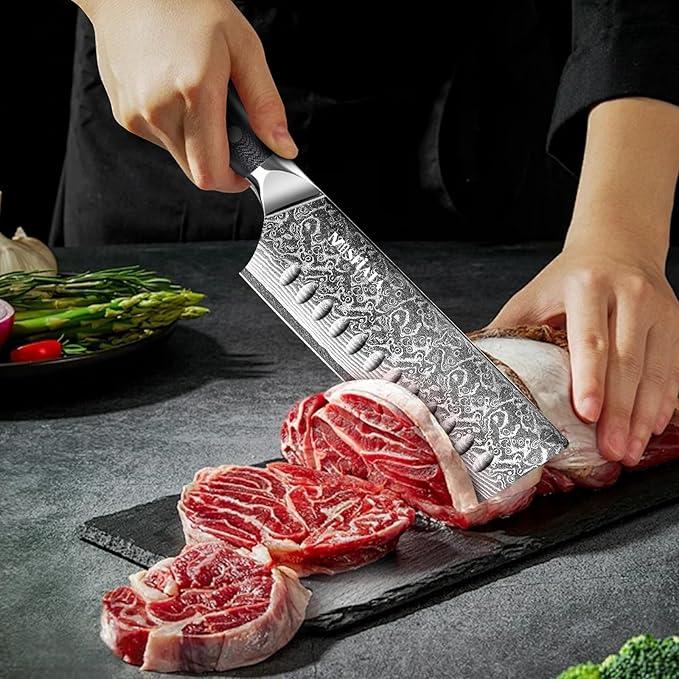 MOSFiATA 7'Nakiri Knife Damascus Professional Sharpe Chef Knife竊?Kitchen Knifed Damascus Steel VG-10 Blade with Ergonomic Handle Sharpener