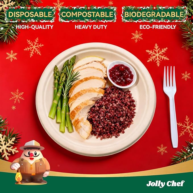 JOLLY CHEF Compostable Heavy Duty Plates 9 Inch [300 Pack] Eco-Friendly Disposable Natural Paper Plates Bagasse Biodegradable Sugarcane Bulk for Party Dinner Lunch Hot Cold Food Christmas (Brown)