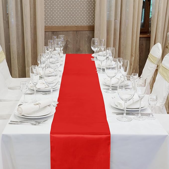 ANECO 4 Pack Satin Table Runner 12 x 108Inch Long Bright Silk and Smooth Fabric Party Table Runner for Wedding Banquet Party Decoration- Red