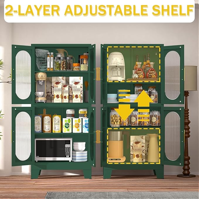 Pantry Storage Cabinet, 61" Pantry Cabinets with Acrylic Glass Doors and Adjustable Shelves, Metal Kitchen Storage Cabinet for Kitchen, Living Room, Laundry Room and Dinning Room（Green）
