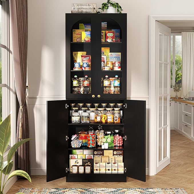Cyclysio 80" Kitchen Pantry Cabinet, Tall Arch Storage Cabinet with Glass Doors, Freestanding Wood Floor Cupboard Bookcase with Seamless Fit Wall for Dining Room, Living Room, Bathroom (Black)