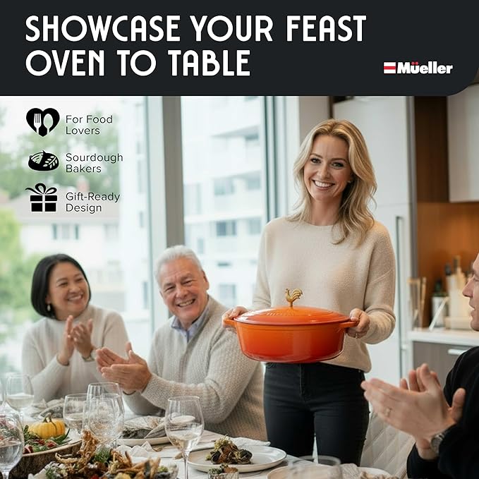 MUELLER HOME 5.5 Quart Enameled Cast Iron Oval Dutch Oven w Rooster Knob & Cotton Potholders, Heavy-Duty Cookware, Oven-Safe up to 500째 F & Across All Cooktops, Gifts for Grandma & Women, Orange