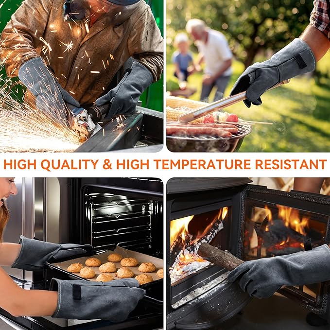 OZERO 932째F Heat Resistant Mig/Stick Welding Gloves 14 inches Cowhide Leather - Long Sleeve and Insulated Lining Barbecue Glove for Tig Welder/Grilling/Oven/Stove Black-gray