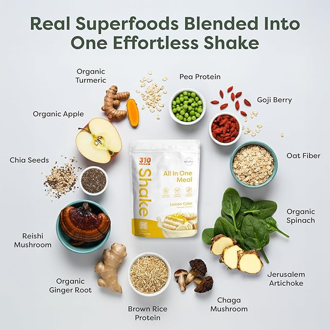 310 Nutrition All-In-One Meal Replacement Shake Powder - Plant-Based Protein Smoothie Blend w/High Fiber, Probiotics & Adaptogens - Low Carb, Vegan, Keto & Paleo Friendly - Lemon Cake - 28 Servings
