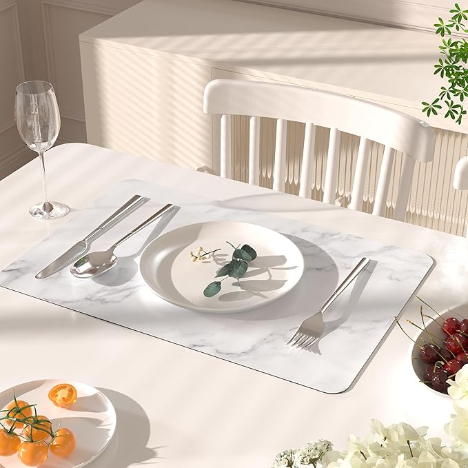 QIYI Placemats Set of 4, 12x18 Inch Faux Leather Place Mats for Kitchen Dinning, Heat Resistant Anti Slip Table Mats, Waterproof Wipeable Washable Placemat Party Table D챕cor, White Marble