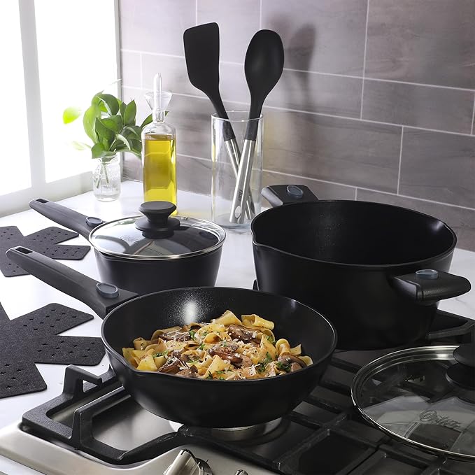 Oster SmartHandle Advance 13-Piece Nonstick Cookware Set ??Matte Black Finish, Induction Base, Detachable Handles, Forged Aluminum, Oven & Dishwasher Safe, With Utensils & Pan Protectors