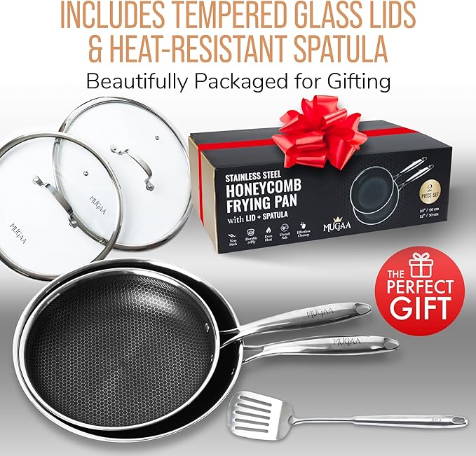 Nonstick Frying Pan 2-Piece Set (10?? 12?? with Lids & Spatula + 11??Stainless Steel Honeycomb Wok, Tri-Ply Hybrid Cookware Bundle, PFOA-Free, Induction, Dishwasher & Oven Safe