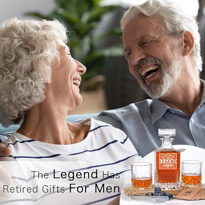 PONPUR The Legend Has Retired 2025 Retirement Gifts for Men Women, Whiskey Decanter Gift Set with 2 Whisky Glasses, Best Christmas Birthday Presents for Dad Coworkers Teacher