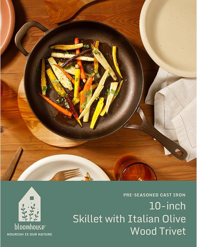 Bloomhouse - Two Time Oprah's Favorite Things Winner - Natural Bronze Finish 10" Cast Iron Skillet w/Long Handle, Helper Handle & Olive Wood Trivet ??Olive Oil Treated Fry Pan, Oven & Stovetop Safe