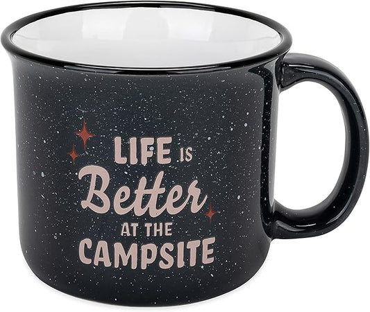 Camco Life is Better at The Campsite Ceramic Coffee Mug - Microwave and Dishwasher Safe - Features Speckled Blue Background with Life is Better at the Campsite Design - Coffee Cup Holds 14oz. (53473)