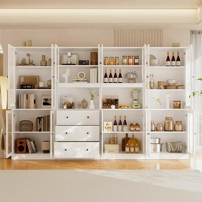 TUSY 71'' H Kitchen Hutch Storage Cabinet, 5-Tier Pantry Cabinet, Buffet Hutch with Drawers, China Cabinet with Glass Doors, Storage Cabinets for Dining Room, Kitchen, Living Room (White)
