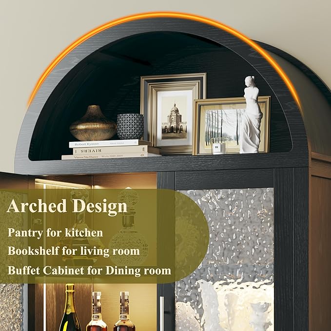 71" Tall Arched Cabinet with 3 Color Lights, Kitchen Pantry Storage Cabinet with Glass Doors & Adjustable Shelves, Modern 6-Tier Display Cabinets for Living Room, Dining Room, Black