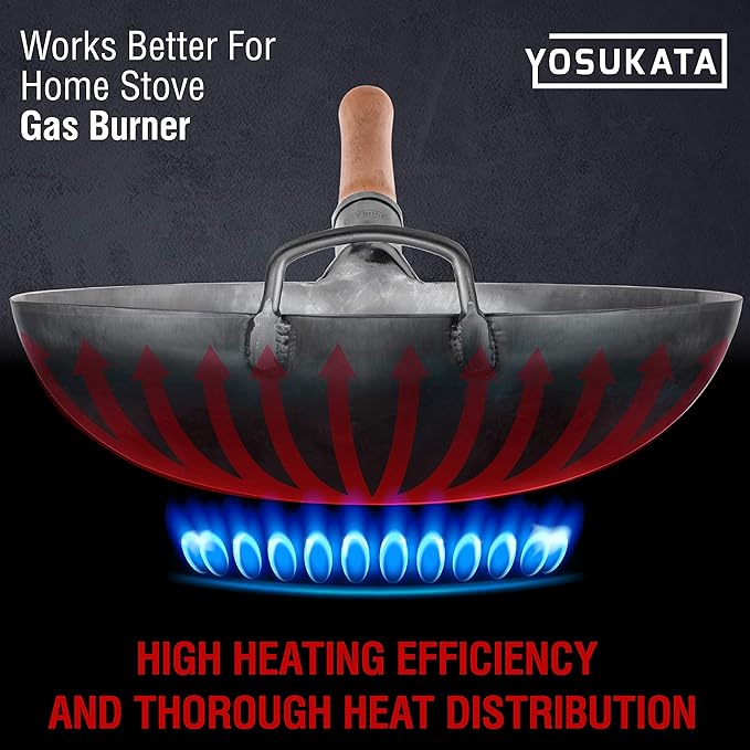 YOSUKATA Non-seasoned Round-Bottom Carbon Steel Wok Pan + Wok Lid 13.6 Inch + 17?쇺?Wok Spatula and Ladle