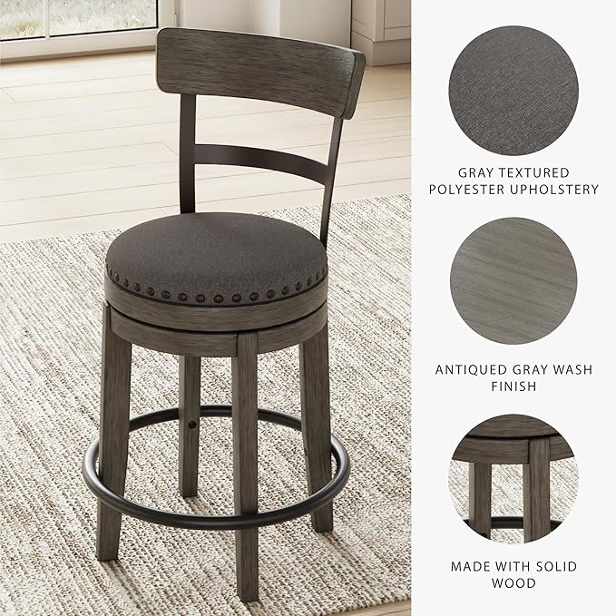 Signature Design by Ashley Caitbrook | Farmhouse Swivel 24" Counter Height Barstool ??360째 Swivel, Upholstered with Nailhead Trim, Metal & Wood Frame, Gray