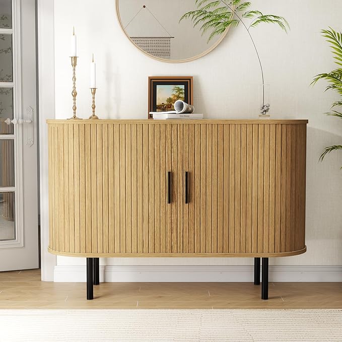 EAG Buffet Cabinet with Storage, 47" Fluted Cabinet with Sliding Doors/Adjustable Shelves/Curved Profile, Credenza Sideboard Cabinets for Living Room, Kitchen, Entryway