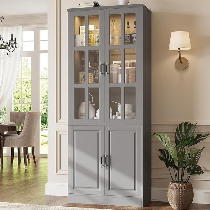 MEISSALIVVE Kitchen Pantry Storage Cabinet with LED Lights, 78.7" Tall with Glass Doors & Drawers, Freestanding Utility Cabinet, Grey (31.5" W x 15.7" D)