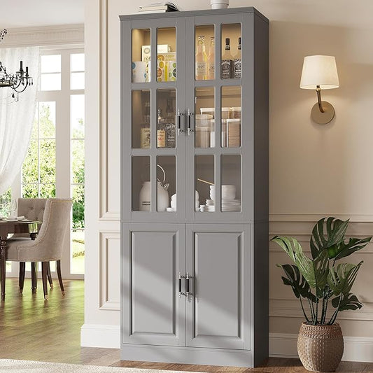 MEISSALIVVE Kitchen Pantry Storage Cabinet with LED Lights, 78.7" Tall with Glass Doors & Drawers, Freestanding Utility Cabinet, Grey (31.5" W x 15.7" D)