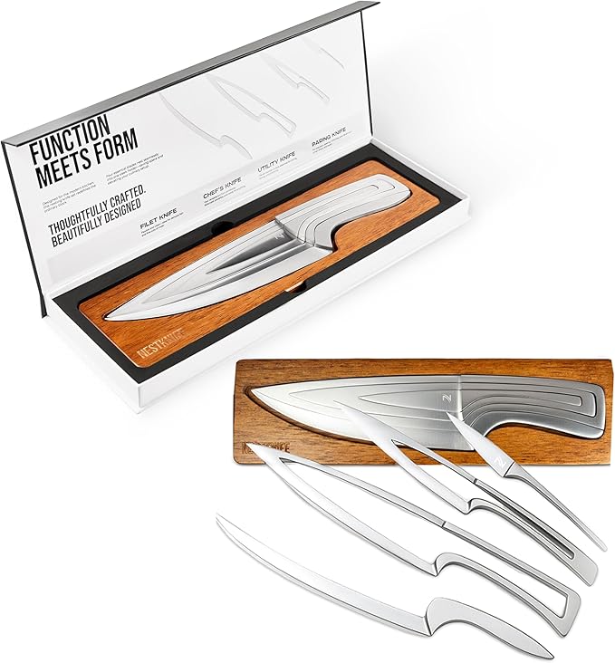 Kitchen Knife Set Stainless Steel, Chef Knife Set of 4 Pieces, Space Saving Ergonomic Design of Chef's Knives, Modern Stainless Steel Knives, Aesthetic Kitchen Essential, NestKnife Patented Technology