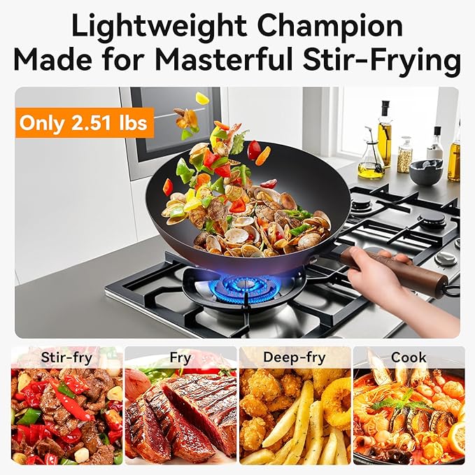 WANGYUANJI 12.6" Pure-Iron Wok with Glass Lid, Flat-Bottom Lightweight Chinese Stir-Fry Pan, Wooden Handle, Uncoated ??Induction/Gas/Electric Compatible, Not Pre-Seasoned (Seasoning Required)