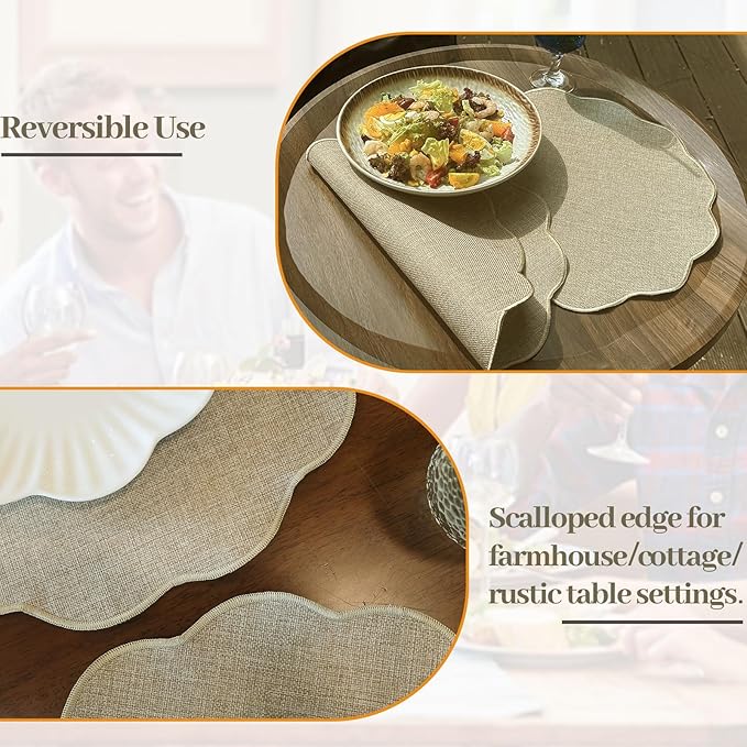 AHHFSMEI Round Faux Linen Placemats Set of 6 Waterproof Table Mats Heat Resistant Non-Slip and Stain Proof for Kitchen Dining Elegant Decor (Linen Beige,6)