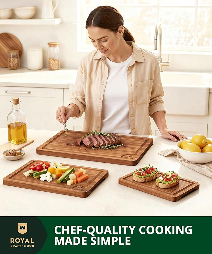 ROYAL CRAFT WOOD Bamboo Cutting Board Set ??3 Durable Wooden Cutting Boards for Kitchen Meal Prep, Charcuterie & Serving ??Chopping & Butcher Block with Juice Grooves ??Gift-Ready Packaging & Wood Wax