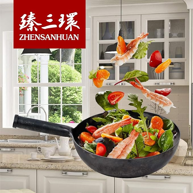 ?삡툒??ZhenSanHuan Chinese HandHammered Iron Woks and Stir Fry Pans, Non-stick, No Coating, Induction Suitable, 塋졽툡?곲봾竊뚩닃弱뽨툓?꾡릎?쏙펽A bite of China (30CM)