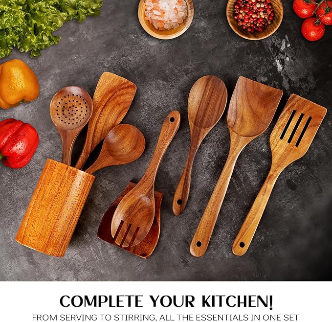 Wood Spoons for Cooking,9 Pcs Natural Teak Wooden Cooking Utensils Set with Holder 竊?Spoon Rest, Soft Comfort-Grip Wooden Kitchen Utensil Set for Non-Stick Cookware