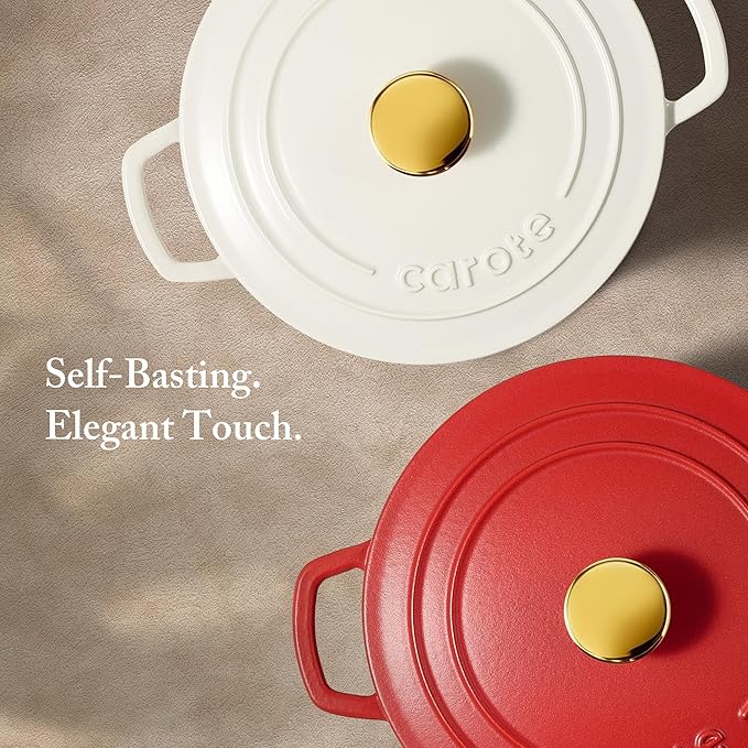 CAROTE Enameled Cast Iron Dutch Oven Pot with Lid, 4 QT Dutch Ovens, Heavy-Duty Cast Iron Pot for Sourdough Bread Baking, Braising, Stews, Roasting, Healthy & Non-Toxic, Dual Handles, All Stovetop Compatible, Oven Safe up to 500째 F, Red