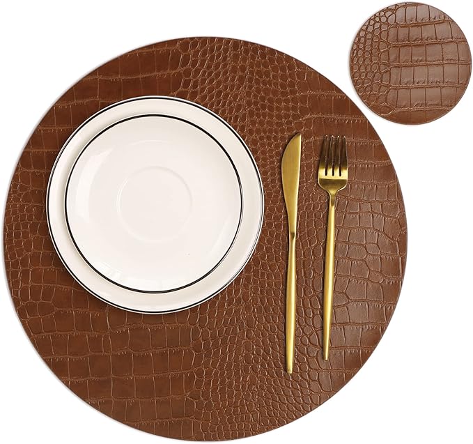 Round Leather Placemats for Round Tables Set of 6, Brown Table Place Mats and Coasters, Washable Easy to Care for Indoor Decor 13" Diameter