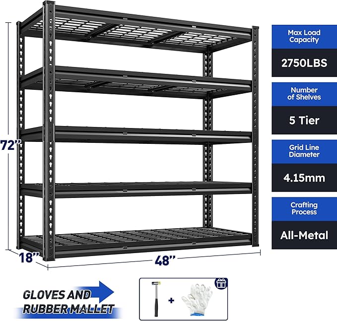 REIBII 48" W Garage Shelving, 5-Tier Wire Shelving Load 2750LBS, Adjustable Metal Storage Shelves, Garage Shelves for Basement, Warehouse, Workshop, Kitchen, 48" W x 18" D x 72" H